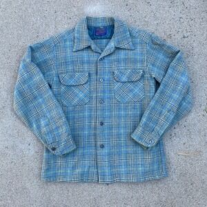 Vintage 40s 50s  Blue Pendleton Shirt Plaid Wool Loop Collar Flap Pocket S/M